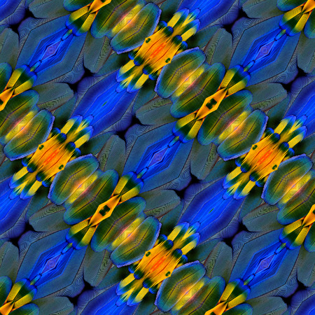 Seamless blue and yellow background texture made of Scarlet Macaw bird's feathersの写真素材