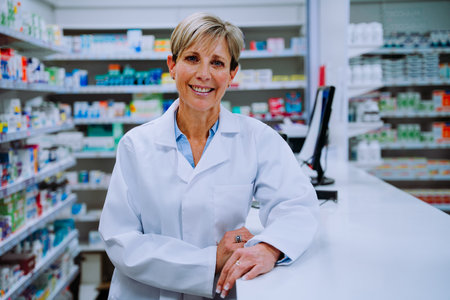 Portrait of smiling caucasian pharmacist leaning against prescription counter in pharmacyの写真素材