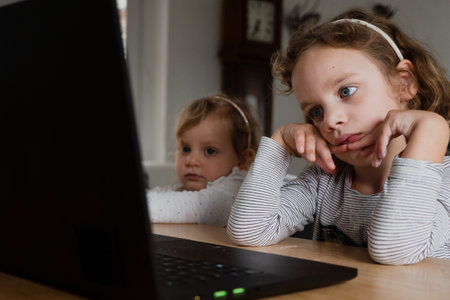 Two little children watching online pre-school on laptopの写真素材