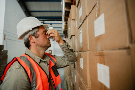 Stressed caucasian male contemplating his failures while leaving against big packaged parcel in factoryの写真素材