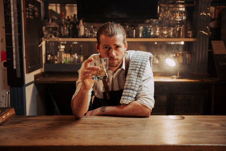 Caucasian male bartender having a drink at work after hoursの写真素材