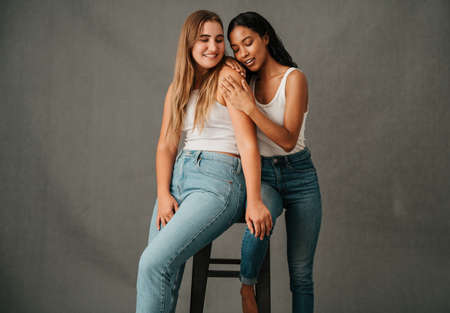 Two Girlfriends in there jeans and t shirtの写真素材