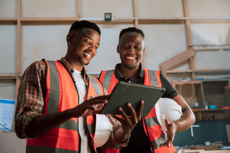African factory workers discussing maintenance on digital tabletの写真素材