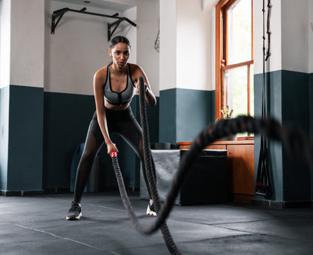 Man and woman play with ropes on gym flooring near a windowの写真素材