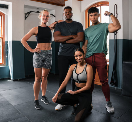 A group of people posing with arms around shoulders in a gym for a photoの写真素材