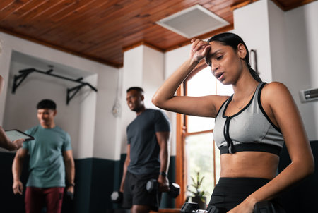 A woman in an undershirt stands in the gym, clutching her forehead in painの写真素材