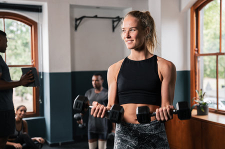 Woman with a big smile lifting dumbbell to strengthen muscle in a gym