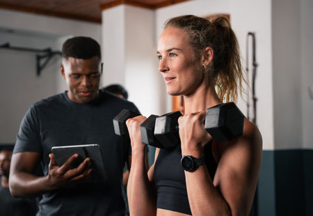 Woman lifts dumbbells in gym as man watches tabletの写真素材
