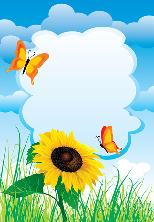 background with summer landscape with sunflowers and butterflies. The template for placement of textのイラスト素材