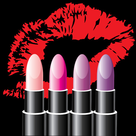 four colored lipsticks on the background of a print lipsのイラスト素材