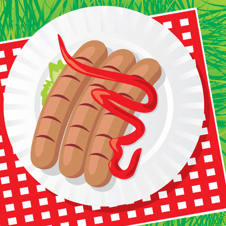 image of a plastic plate with three sausages on the background of napkins and herbs のイラスト素材