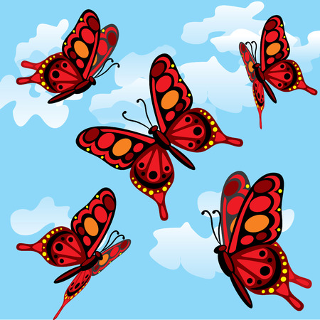 Five black and red butterflies fly in the skyのイラスト素材