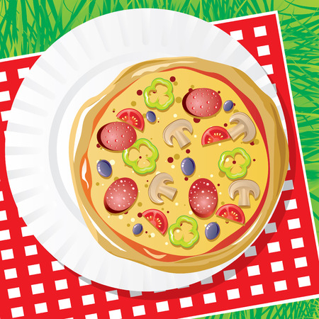 image of pizza on a plastic dish for picnicのイラスト素材
