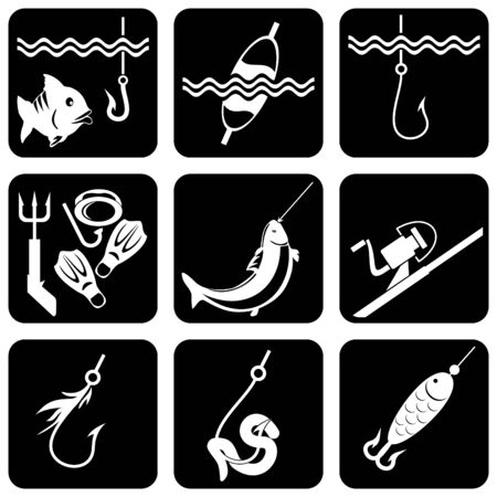 set of vector silhouette icons of fishingのイラスト素材