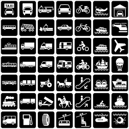 set of silhouette of icons with various symbols transports