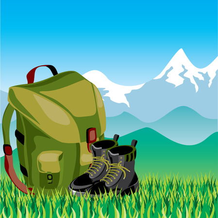 Travel backpack and shoes in the background of mountain landscapeのイラスト素材