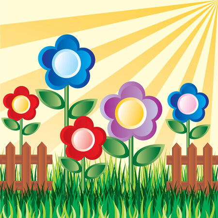  image of a flower garden on the background of the sunのイラスト素材