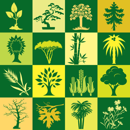 Seamless  background with colorful symbols of plants and trees. Alternation of light and dark cellsのイラスト素材