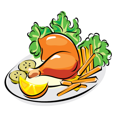 images of roast chicken leg with fried potatoes and vegetablesのイラスト素材