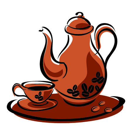 vector image of a coffee pot and cups with hot coffeeのイラスト素材