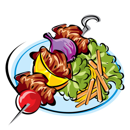 vector image of fried meat on a skewer with fries and saladのイラスト素材