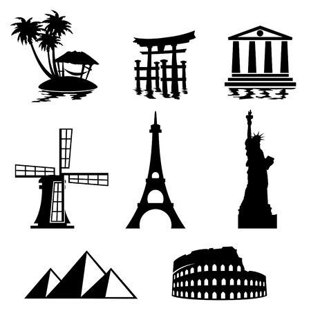 black and white set icons - travel and landmarksのイラスト素材