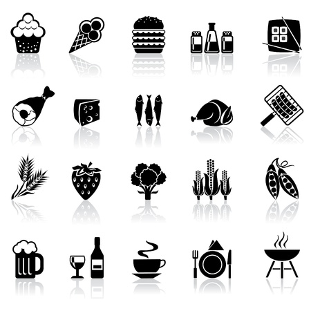 black and white set icons with reflection - food and beveragesのイラスト素材
