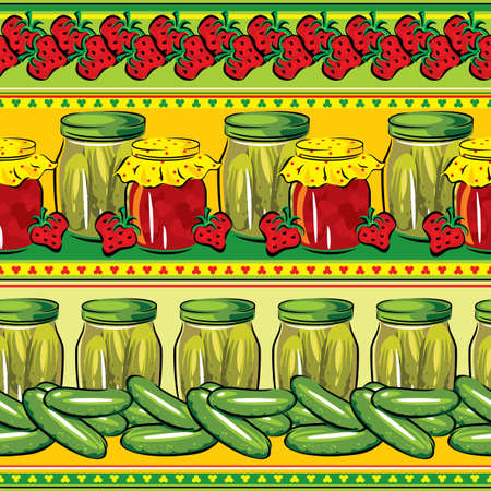 canned vegetables and fruits on a striped background  vector seamless のイラスト素材