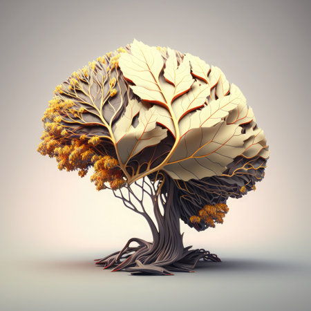 Autumn tree made of yellow leaves on gray background. 3d illustrationの素材