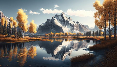 Mountain lake with reflection in autumn forest. 3d illustration.の素材