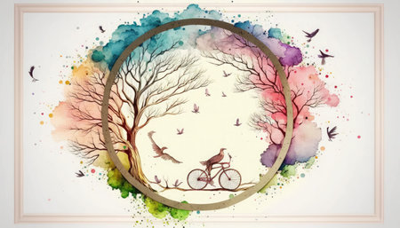 Bicycle, tree and birds in watercolor frame. Vector illustration.の素材