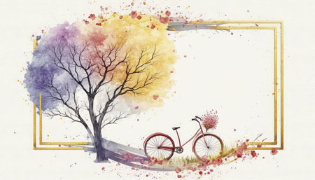 Watercolor illustration of a tree with a bicycle on a white backgroundの素材