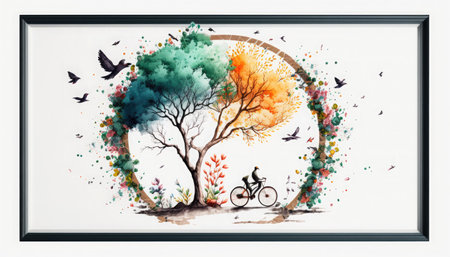 Hand drawn illustration of a tree, bicycle and birds on white backgroundの素材
