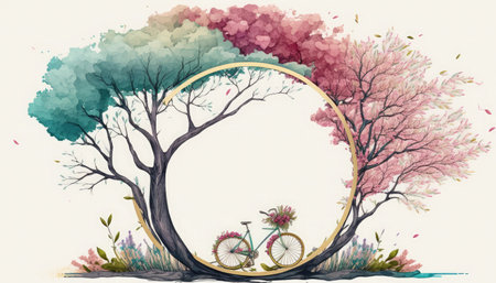 Watercolor spring landscape with bicycle, flowers and round frame. Vector illustrationの素材