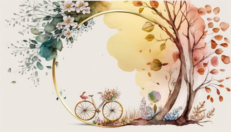 Watercolor floral background with a bicycle. Hand-drawn illustration.の素材