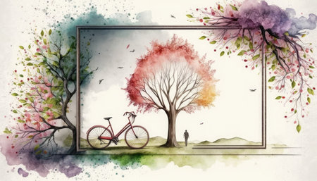 Watercolor painting of a blooming spring tree, bicycle and clouds.の素材