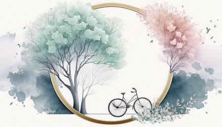 Cherry blossom tree and bicycle. Watercolor painting on canvas.の素材