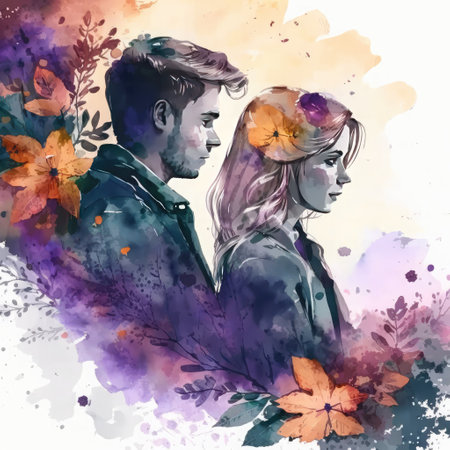 Beautiful young couple in love. Watercolor painting. Vector illustration.の素材