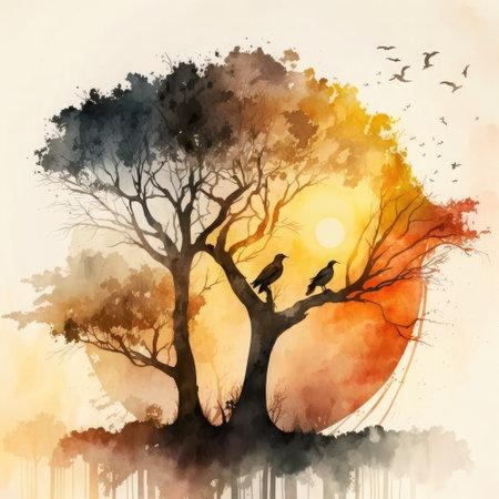 Abstract tree with birds on sunset background, digital watercolor painting.の素材