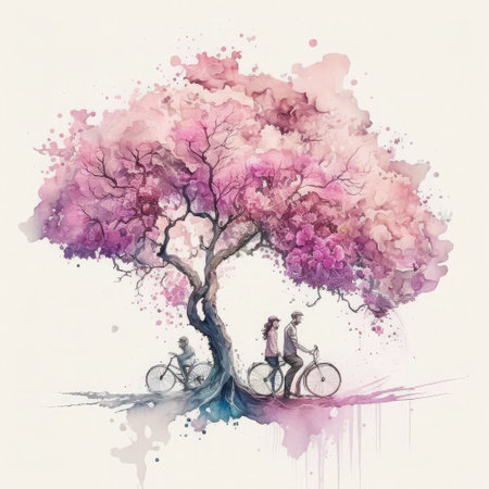 Watercolor illustration of a bicycle and a tree with pink flowers.の素材