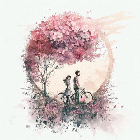 Watercolor illustration of a couple in love with a bicycle on the background of a blooming treeの素材