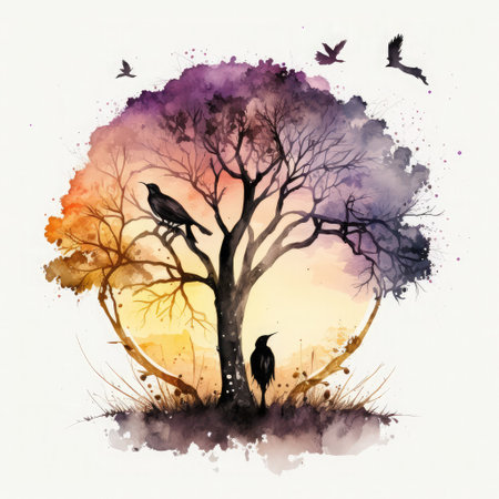 Watercolor illustration of a tree with ravens in the background.の素材