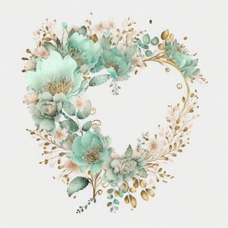 Watercolor illustration of a heart-shaped frame with flowers and leaves.の素材