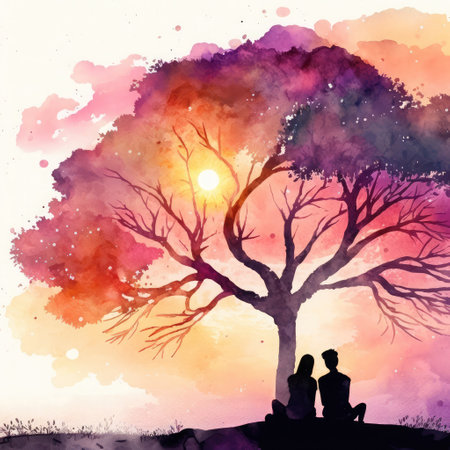 Silhouette of a couple in love on a background of a watercolor treeの素材