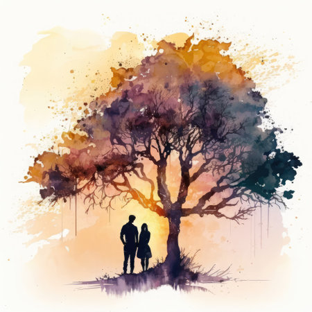 Silhouettes of loving couple in the autumn park. Watercolor paintingの素材