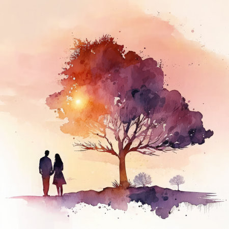 Young couple standing under the tree. Watercolor painting. Vector illustration.の素材