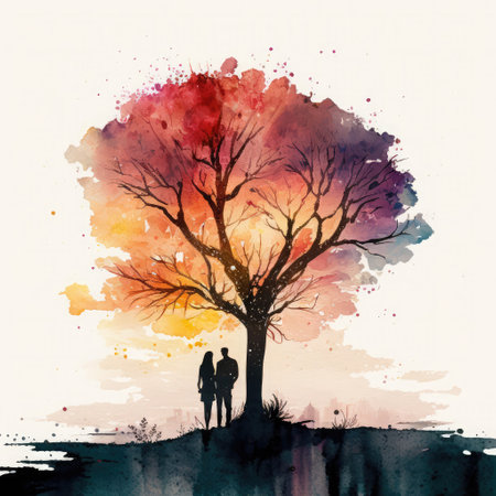 Silhouette of a loving couple on the background of a tree.の素材