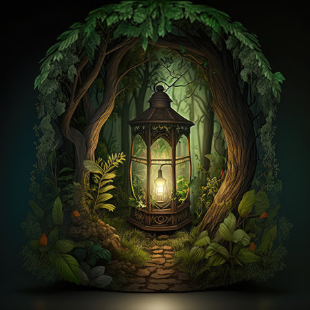Lantern in the forest. 3d illustration. Vintage style.の素材