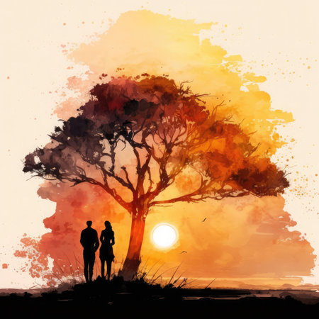 Silhouette of a loving couple on the background of a treeの素材