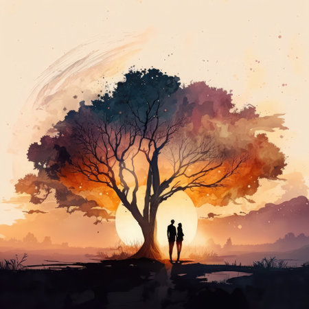 Silhouette of a loving couple standing under a big tree in the sunset.の素材